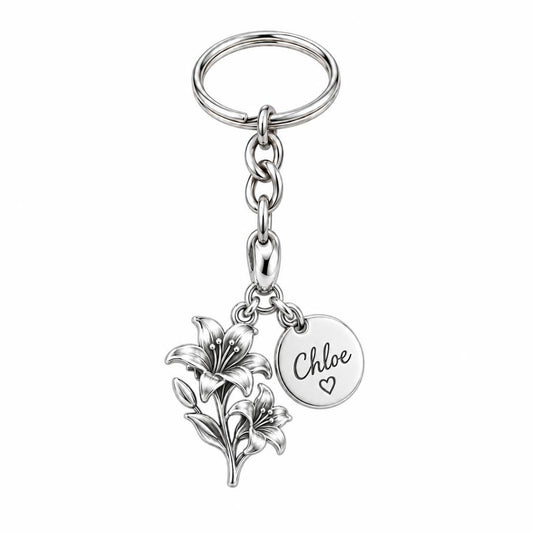 Blooming Lily Petal Charm Keychain – silver, front view
