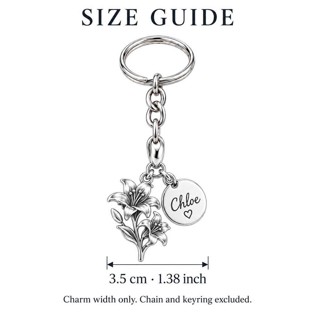 Blooming Lily Petal Charm Keychain – size guide, 3.5 cm (1.38 in) charm, chain and keyring excluded