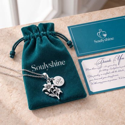 Blooming Lily Petal Charm Necklace Set – Soulyshine velvet pouch and gift card