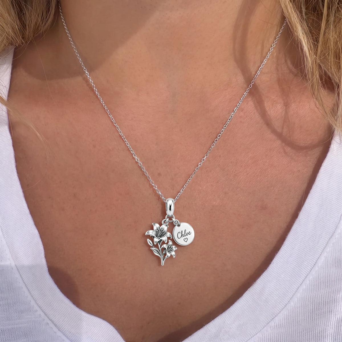 Blooming Lily Petal Charm Necklace Set – worn / in use