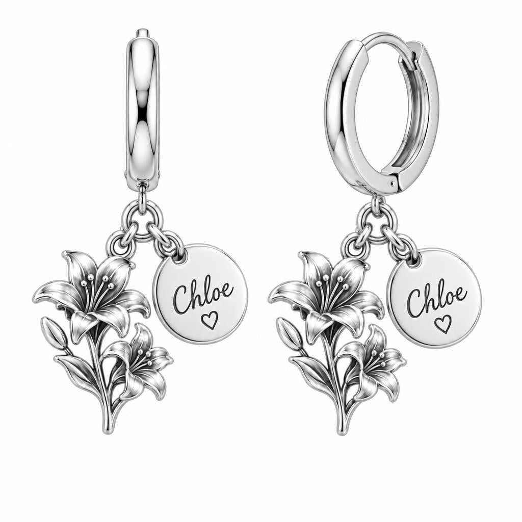Blooming Lily Petal Huggie Charm Earrings – silver, front view