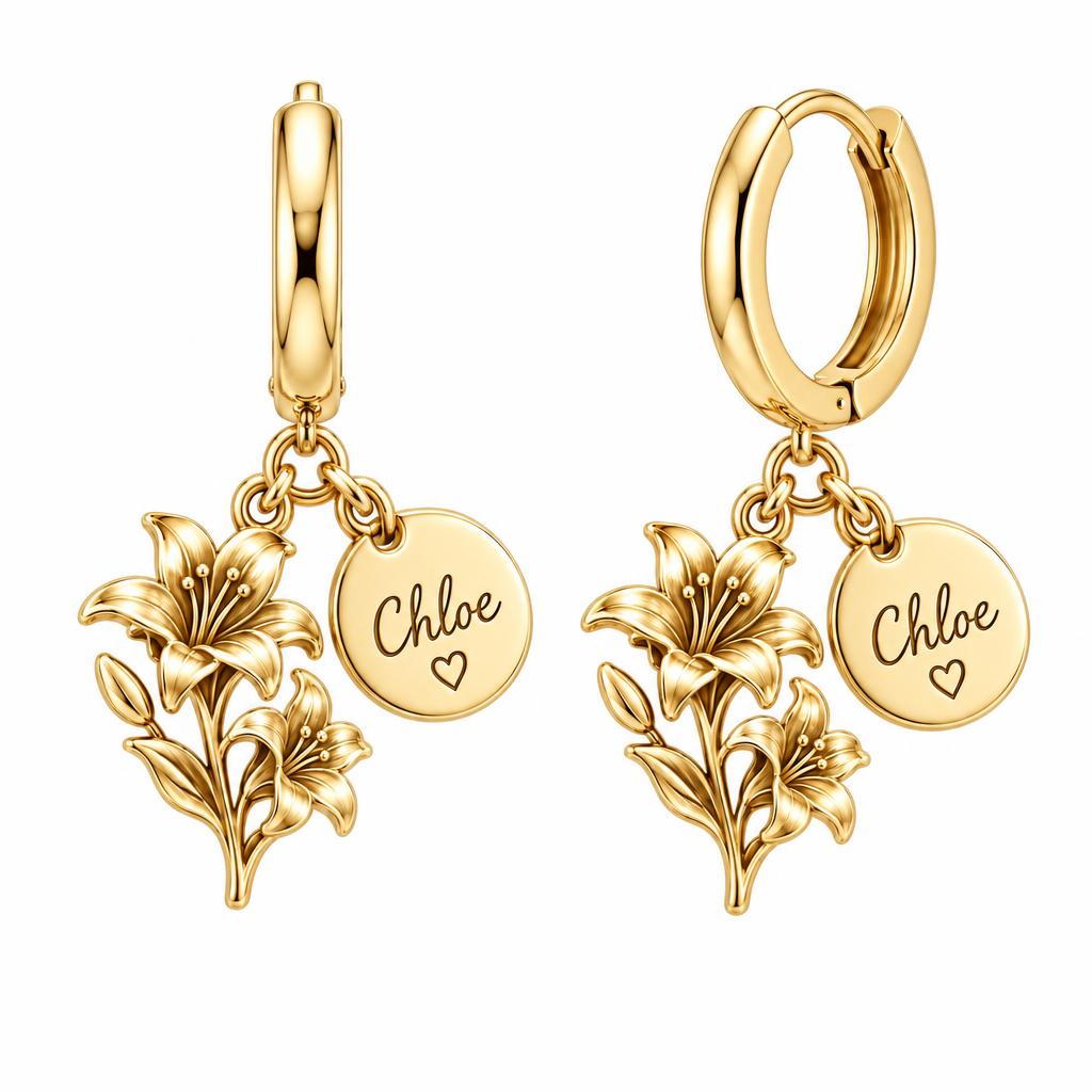 Blooming Lily Petal Huggie Charm Earrings – 18K gold, front view