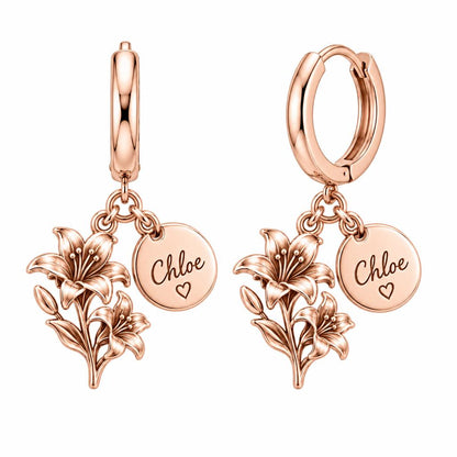 Blooming Lily Petal Huggie Charm Earrings – rose gold, front view