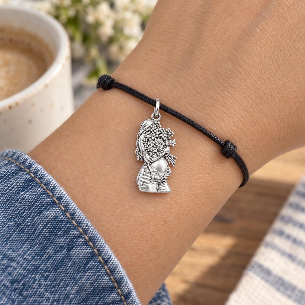 Blooming Motherhood Charm Bracelet – Personalized Mom Gift – worn on the wrist on a black cord bracelet