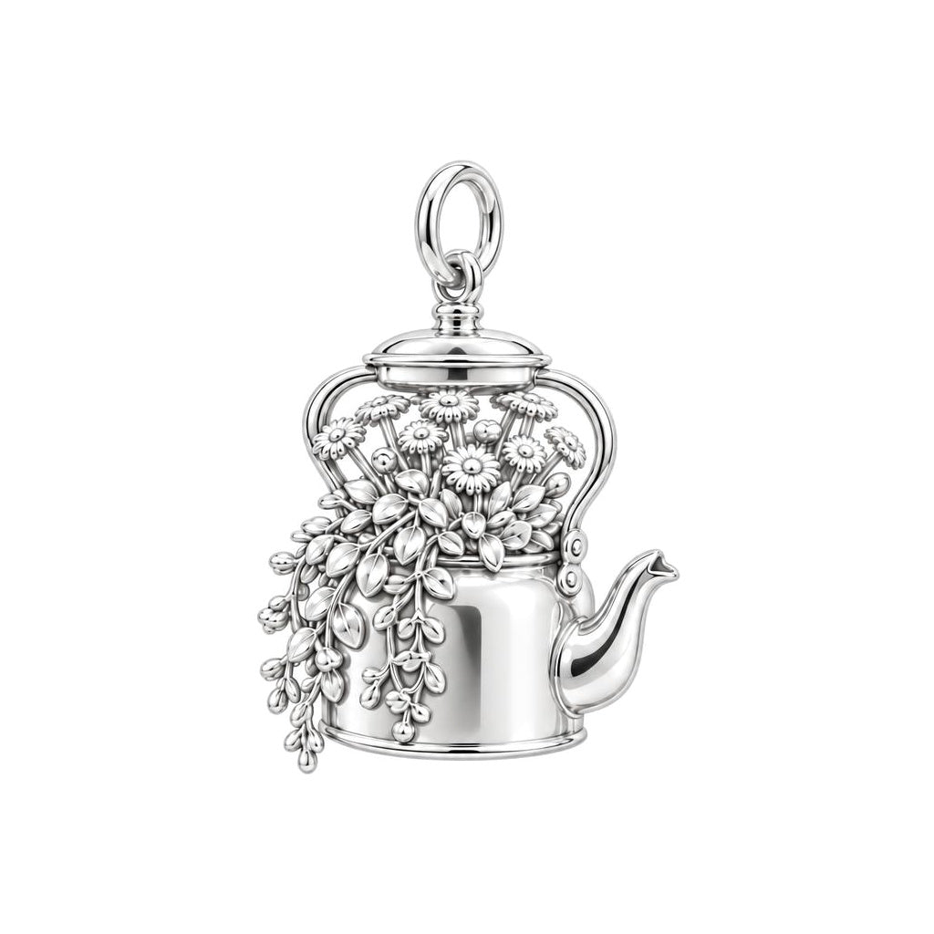 Blooming Teapot Charm Bracelet – Personalized Mom Gift – silver charm, front view