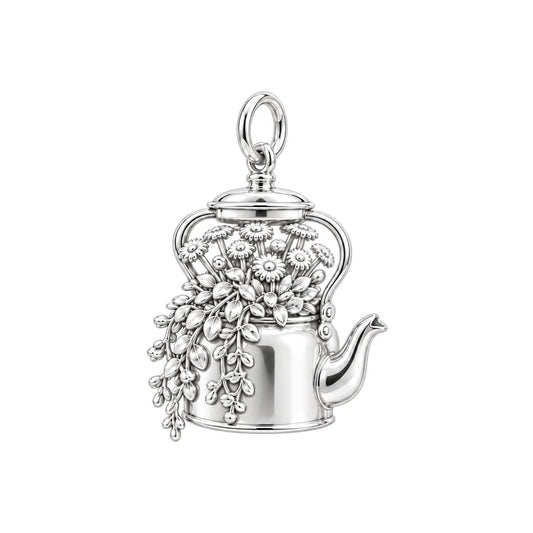 Blooming Teapot Charm Bracelet – Personalized Mom Gift – silver charm, front view