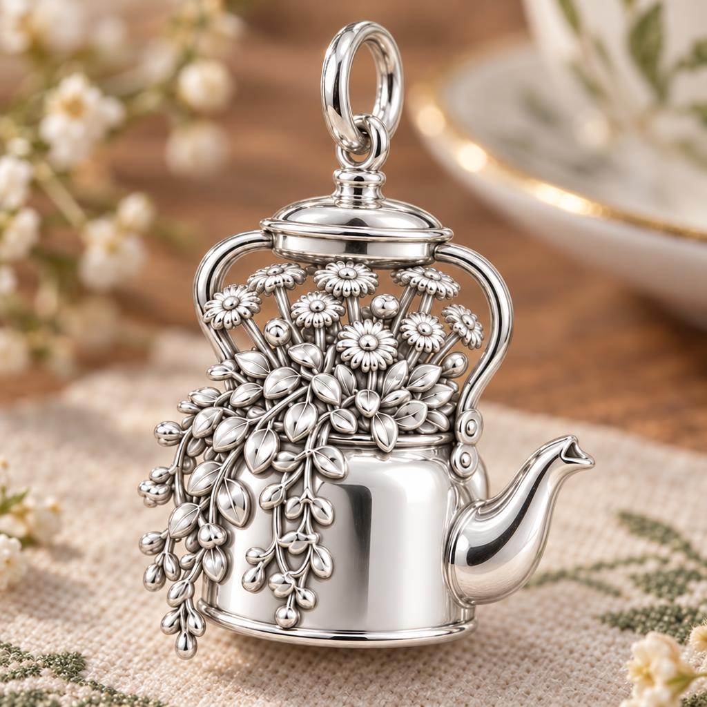 Blooming Teapot Charm Bracelet – Personalized Mom Gift – macro detail of the charm