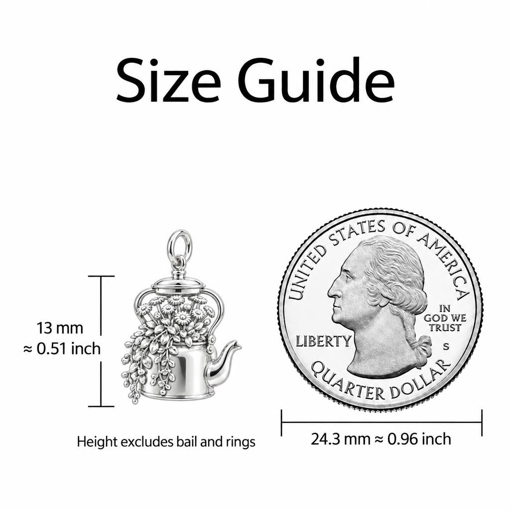 Blooming Teapot Charm Bracelet – Personalized Mom Gift – size guide, 13 mm charm next to a quarter