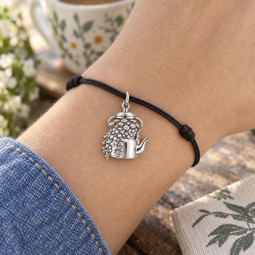 Blooming Teapot Charm Bracelet – Personalized Mom Gift – worn on the wrist on a black cord bracelet
