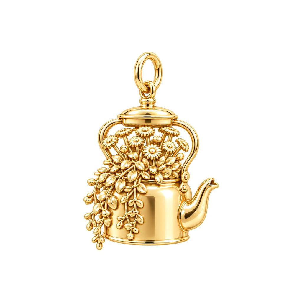Blooming Teapot Charm Bracelet – Personalized Mom Gift – 18K gold charm, front view