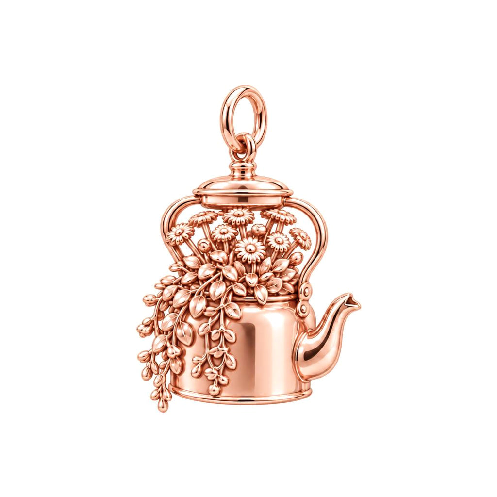 Blooming Teapot Charm Bracelet – Personalized Mom Gift – rose gold charm, front view