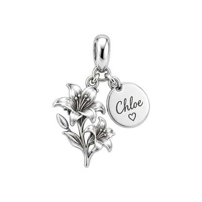 Blooming With You – Personalized Birth Flower & Name Charm – silver charm, front view