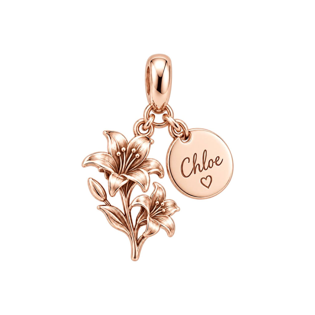 Blooming With You – Personalized Birth Flower & Name Charm – rose gold charm, front view