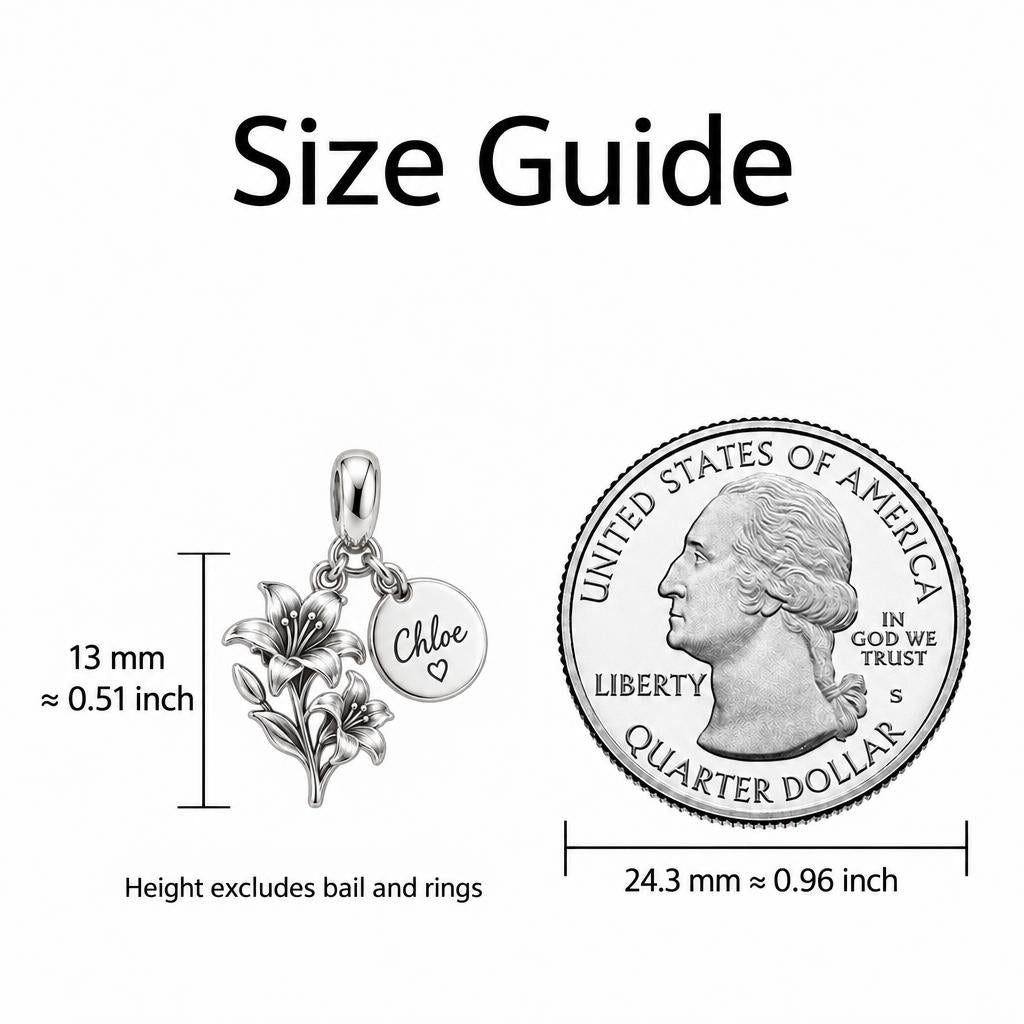 Blooming With You – Personalized Birth Flower & Name Charm – size guide, 13 mm charm next to a quarter