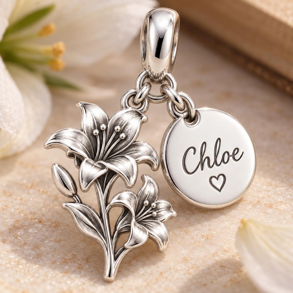Blooming With You – Personalized Birth Flower & Name Charm – macro detail of the charm