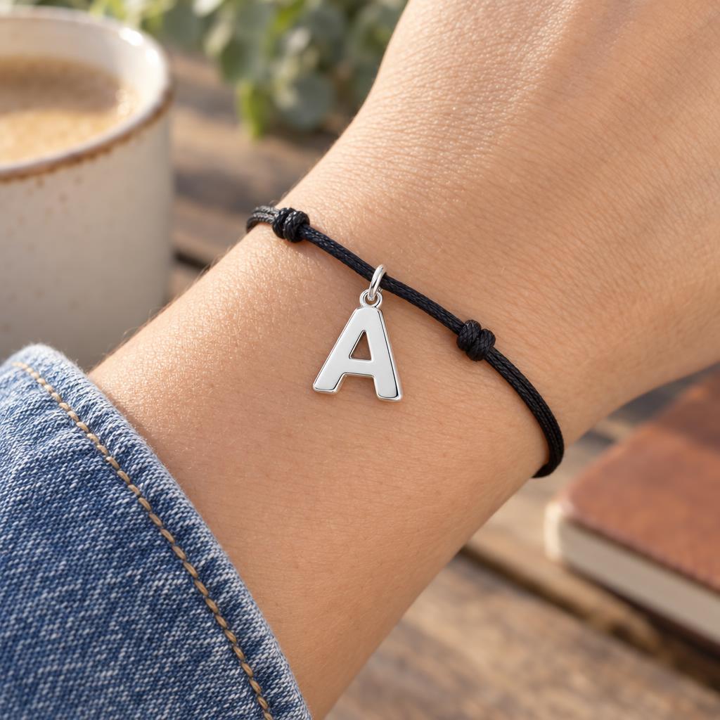 Bold Initial Monogram Charm Bracelet – Personalized Mom Gift – worn on the wrist on a black cord bracelet