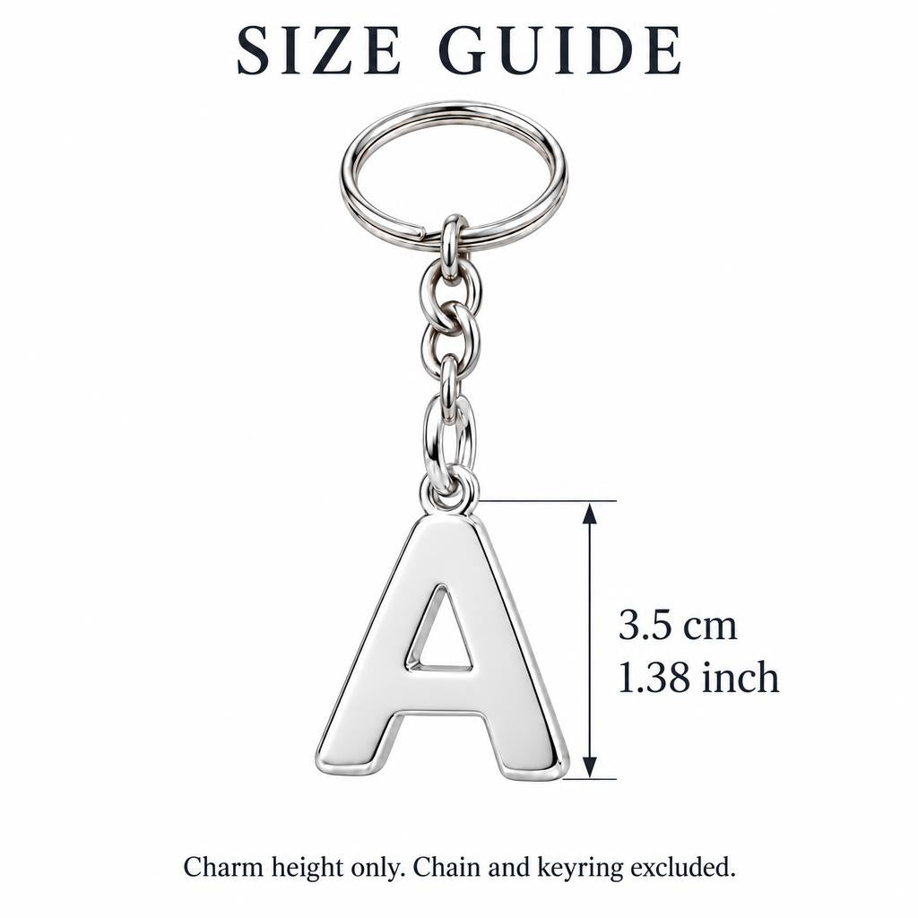 Bold Initial Monogram Charm Keychain – size guide, 3.5 cm (1.38 in) charm, chain and keyring excluded