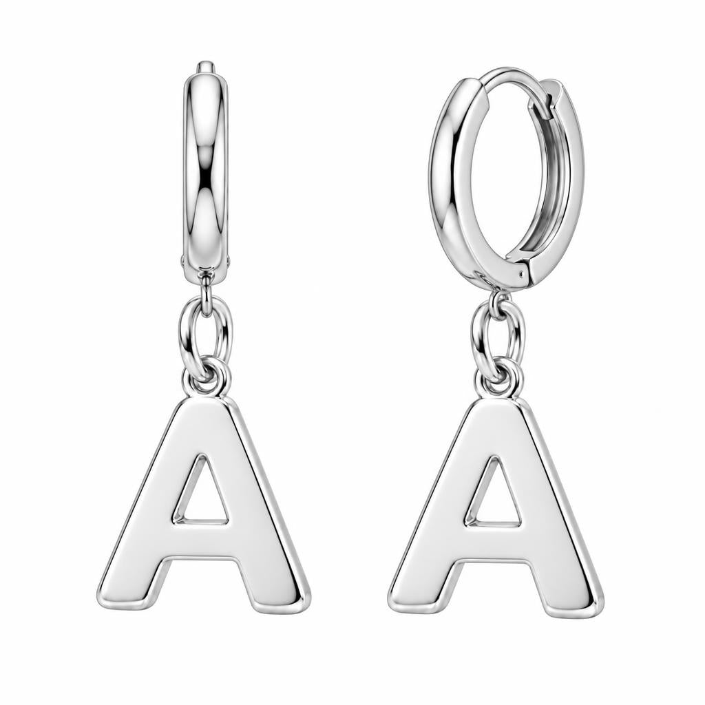 Bold Initial Monogram Huggie Charm Earrings – silver, front view