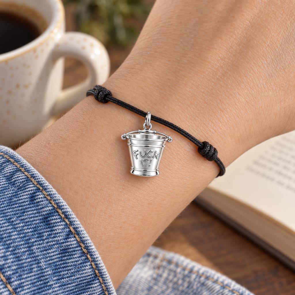 Bold Intentions Bucket Charm Bracelet – Personalized Bestie Gift – worn on the wrist on a black cord bracelet