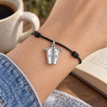 Bold Intentions Bucket Charm Bracelet – Personalized Bestie Gift – worn on the wrist on a black cord bracelet