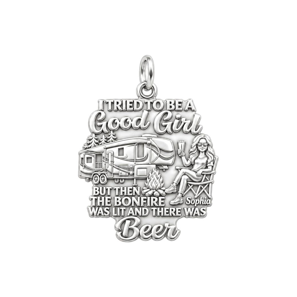 Bonfire and Beer RV Life Charm Bracelet – Personalized Mom Gift – silver plated 2 cm charm, front view
