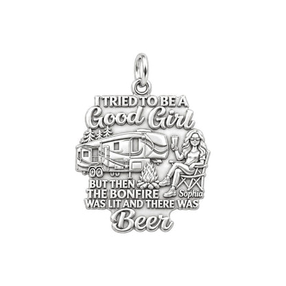 Bonfire and Beer RV Life Charm Bracelet – Personalized Mom Gift – silver plated 2 cm charm, front view