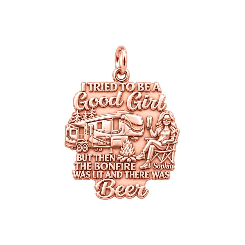 Bonfire and Beer RV Life Charm Bracelet – Personalized Mom Gift – rose gold 2 cm charm, front view