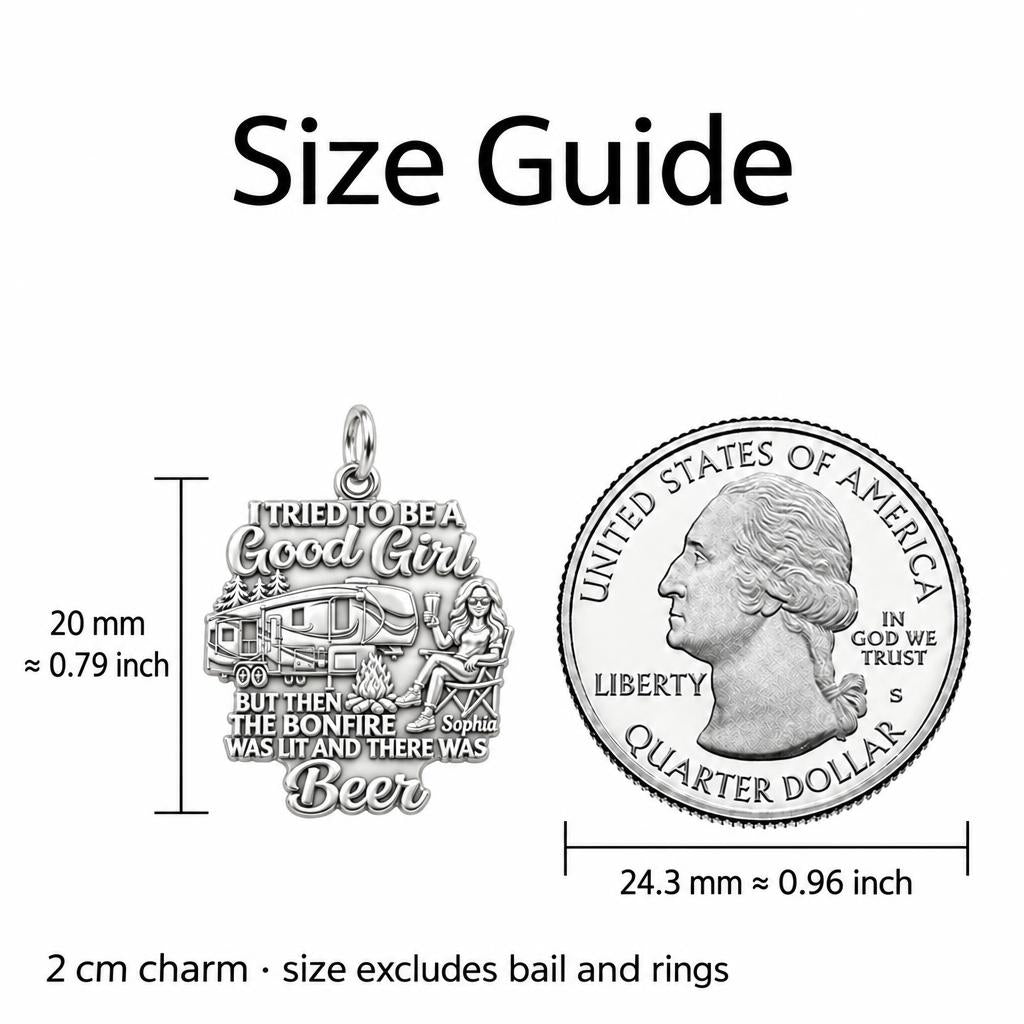 Bonfire and Beer RV Life Charm Bracelet – Personalized Mom Gift – size guide, 2 cm charm next to a quarter
