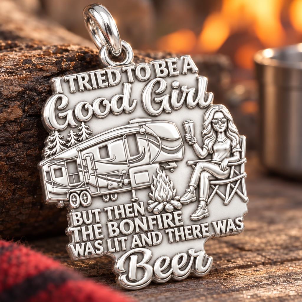 Bonfire and Beer RV Life Charm Bracelet – Personalized Mom Gift – macro detail of the charm