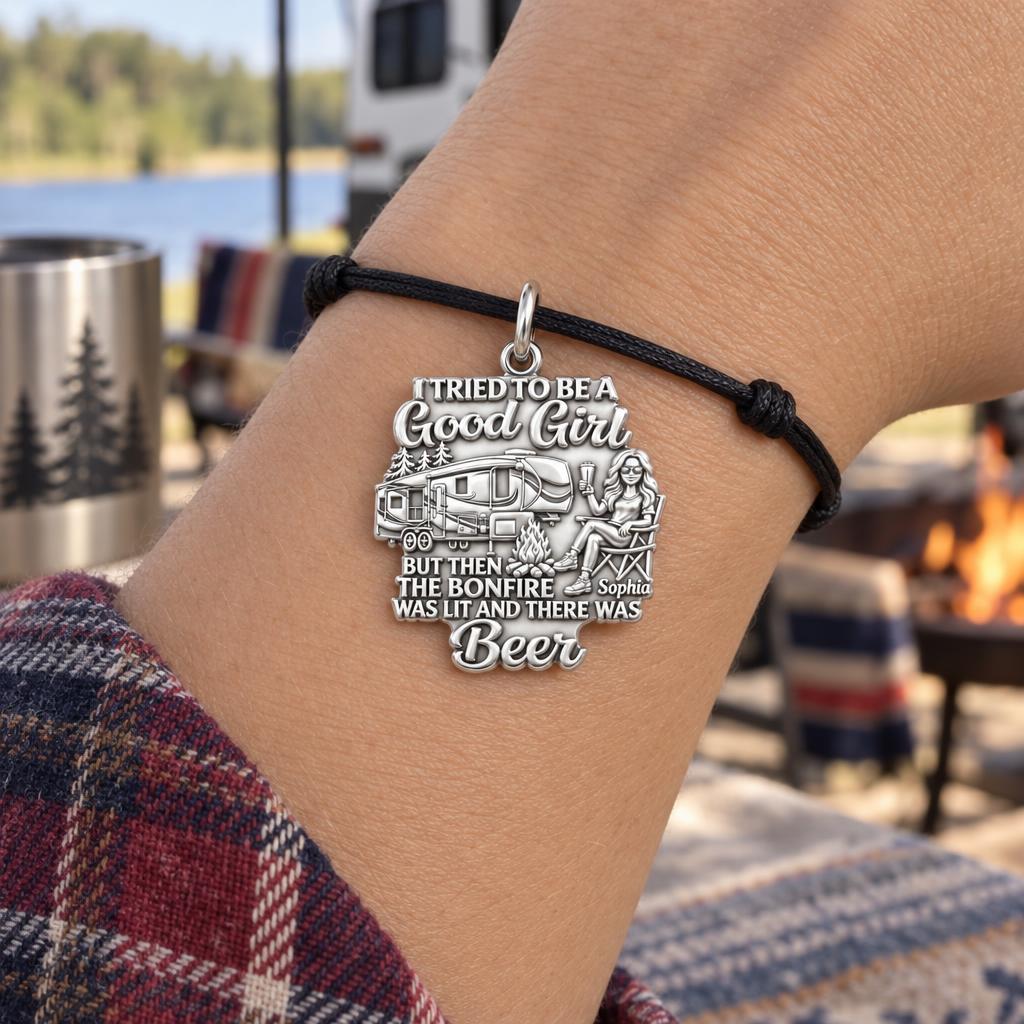Bonfire and Beer RV Life Charm Bracelet – Personalized Mom Gift – worn on the wrist on a black cord bracelet