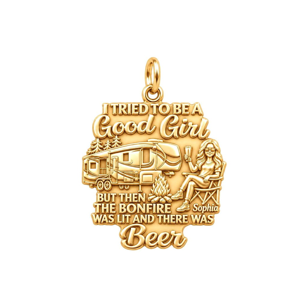Bonfire and Beer RV Life Charm Bracelet – Personalized Mom Gift – 18K gold plated 2 cm charm, front view
