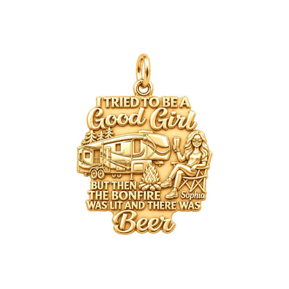 Bonfire and Beer RV Life Charm Bracelet – Personalized Mom Gift – 18K gold plated 2 cm charm, front view