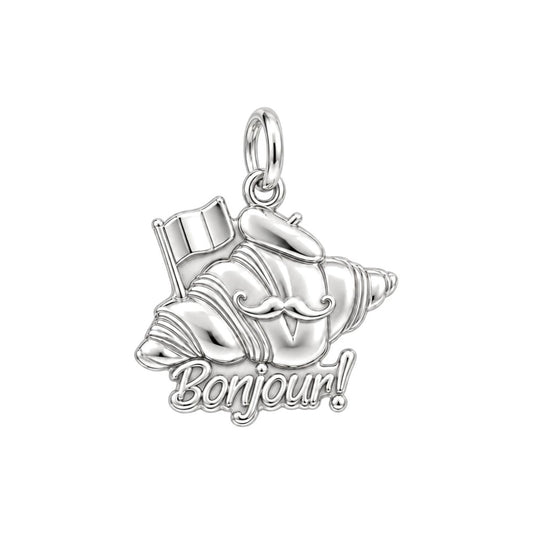 Bonjour Croissant Charm Bracelet – Personalized Traveler Gift – silver charm, front view