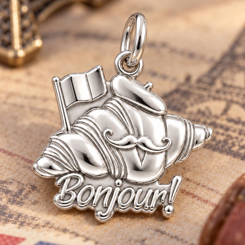 Bonjour Croissant Charm Bracelet – Personalized Traveler Gift – macro detail of the charm