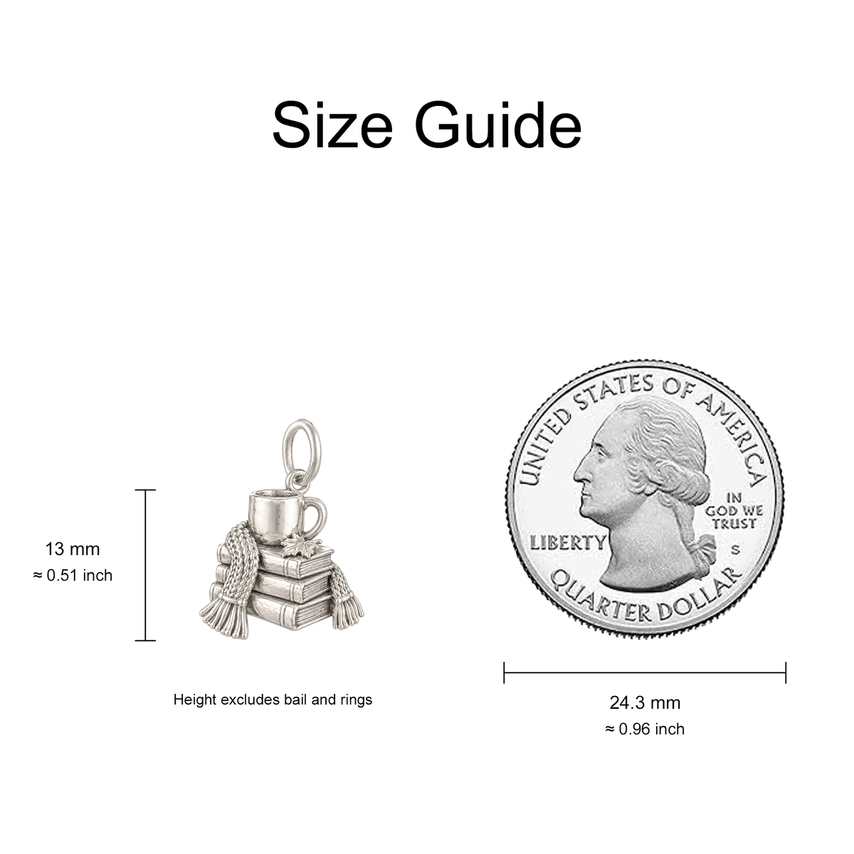 Books, Coffee and Knit Scarf Charm — Size Guide — 13 mm body excluding bail and rings — 50-works-silver-20260916-10