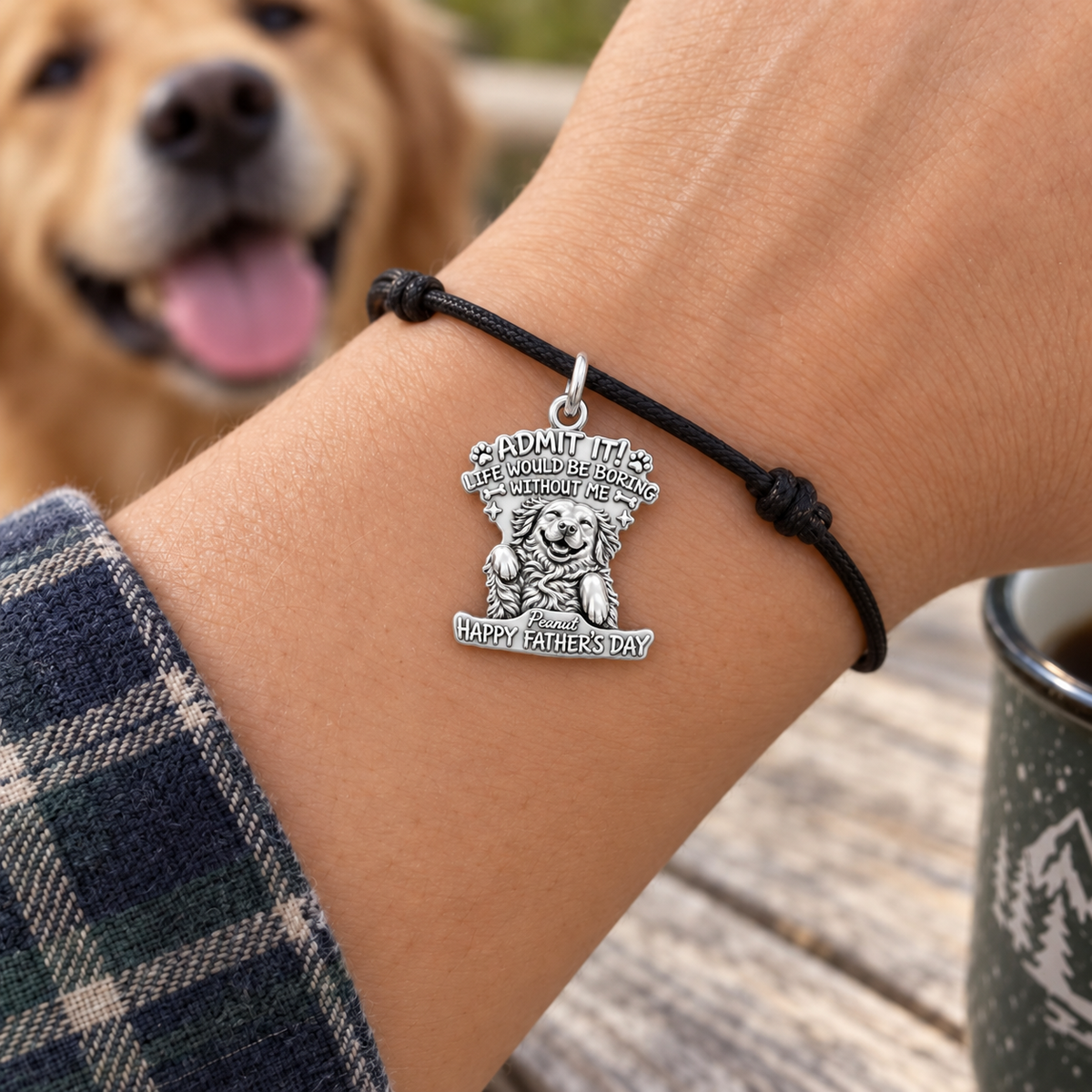 Boring Without Me Charm Bracelet – Personalized Dog Dad Gift – worn on the wrist on a black cord bracelet