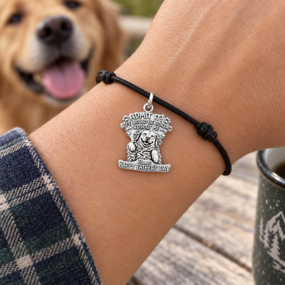 Boring Without Me Charm Bracelet – Personalized Dog Dad Gift – worn on the wrist on a black cord bracelet