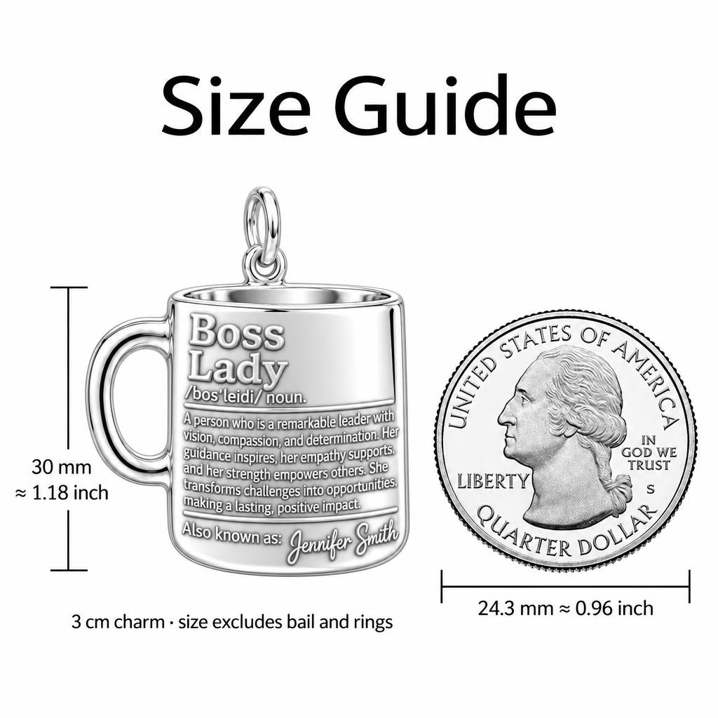 Boss Lady Definition Charm Bracelet – Personalized Boss Gift – size guide, 3 cm charm next to a quarter