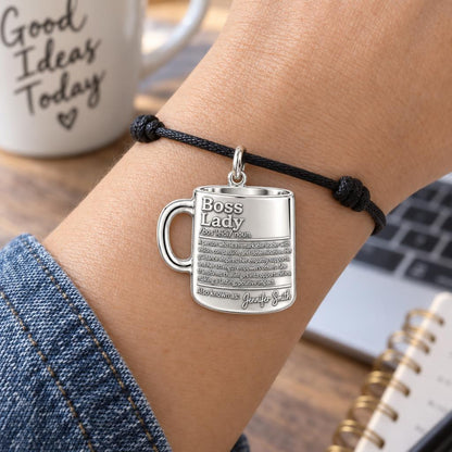 Boss Lady Definition Charm Bracelet – Personalized Boss Gift – worn on the wrist on a black cord bracelet