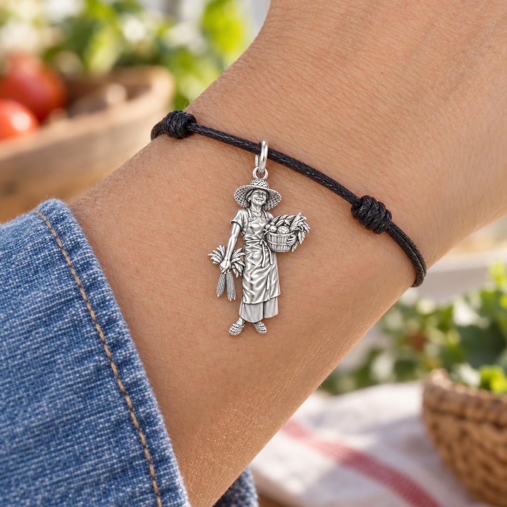 Bountiful Garden Harvest Charm Bracelet – Personalized Mom Gift – worn on the wrist on a black cord bracelet