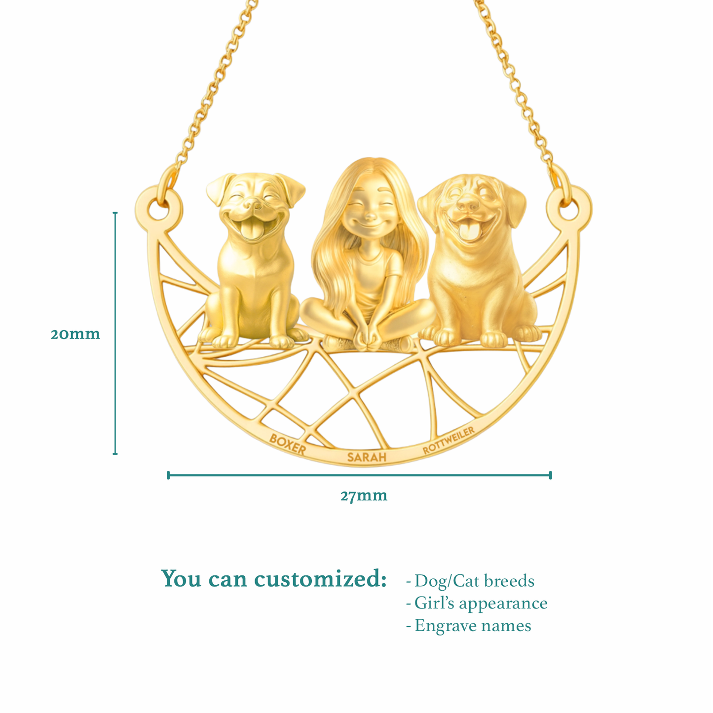 Soulyshine Personalized Girl And Her Pets Necklace - Boxer/Rottweiler