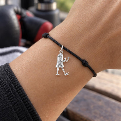 Boxing Fish Charm Bracelet – Personalized Athlete Gift – worn on the wrist on a black cord bracelet