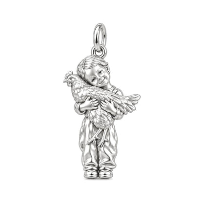 Boy Hugging Chicken Charm Bracelet – Personalized Mom Gift – silver charm, front view