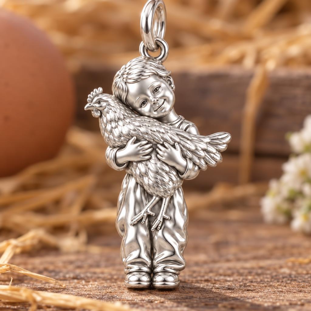 Boy Hugging Chicken Charm Bracelet – Personalized Mom Gift – macro detail of the charm