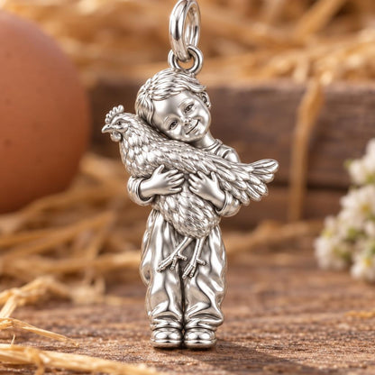 Boy Hugging Chicken Charm Bracelet – Personalized Mom Gift – macro detail of the charm