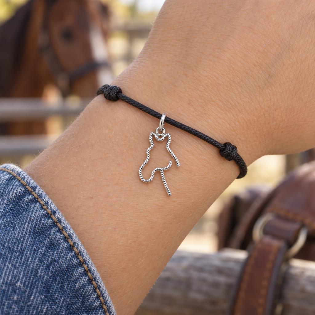 Braided Lasso Horse Charm Bracelet – Personalized Horse Mom Gift – worn on the wrist on a black cord bracelet