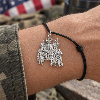 Brave Brotherhood Squad Charm Bracelet – Personalized Veteran Gift – worn on the wrist on a black cord bracelet