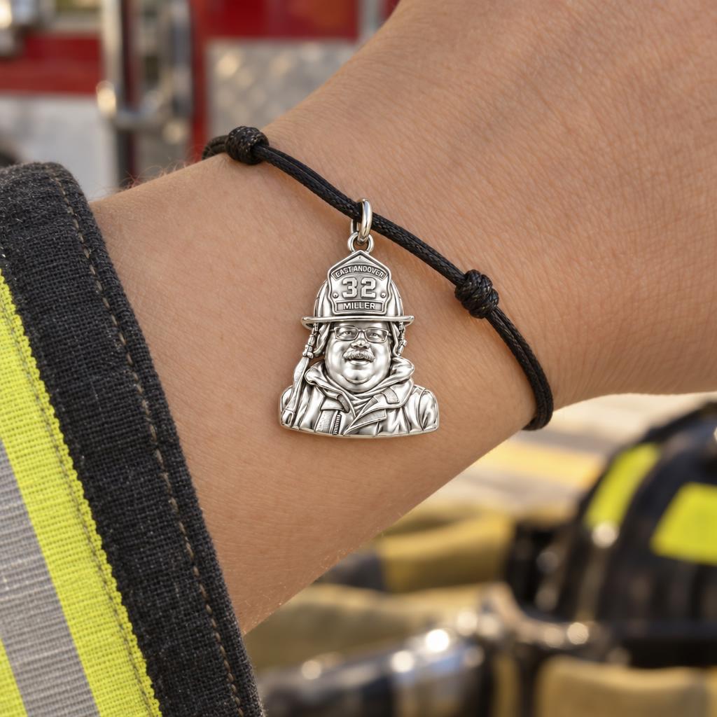 Brave Firefighter Portrait Charm Bracelet – Personalized Hero Gift – worn on the wrist on a black cord bracelet