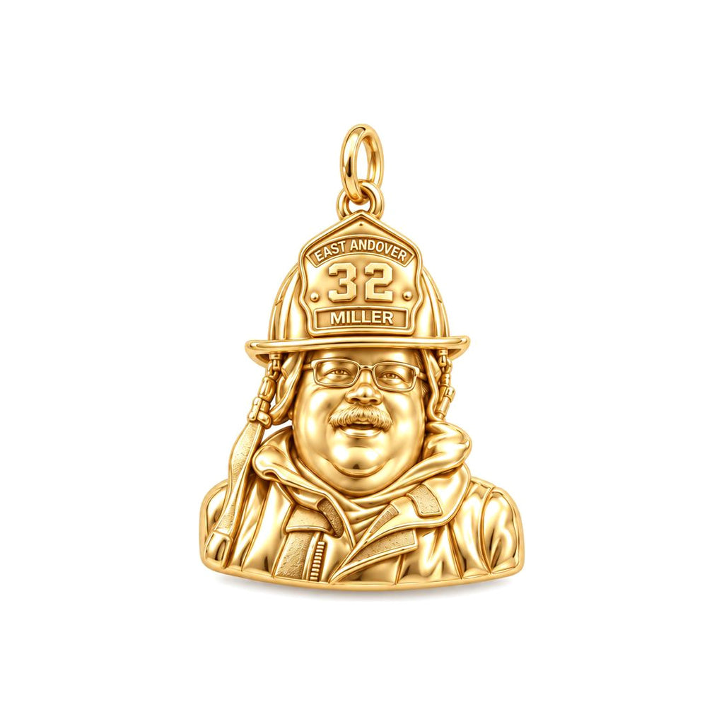 Brave Firefighter Portrait Charm Bracelet – Personalized Hero Gift – 18K gold plated 2 cm charm, front view