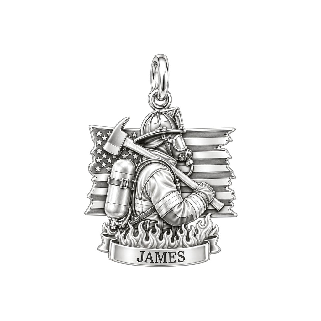 Brave Guardian Firefighter Charm Bracelet – Personalized Gift – silver charm, front view